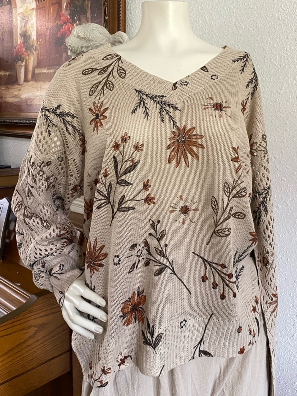 Beige Floral Knit V-Neck Sweater